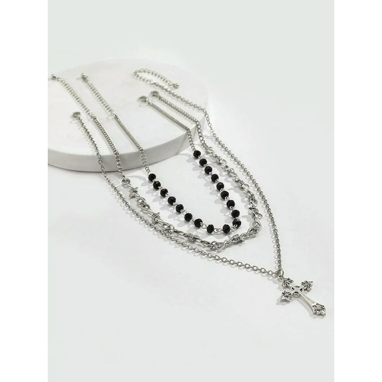 QQTDFG 3pcs Cross Decor Layered Necklace Grunge Necklace