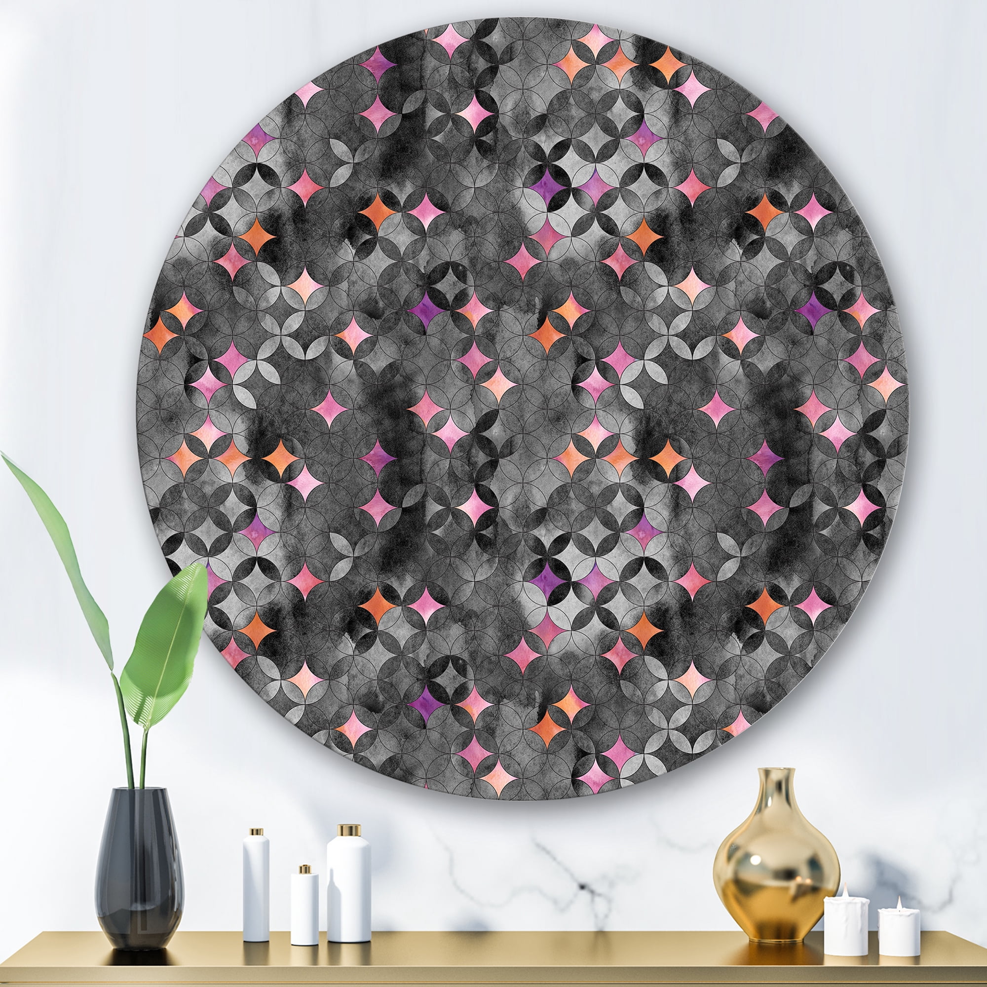 Designart 'Geometry Pink Stars With Intersecting Circles' Modern Circle Metal Wall Art 36x36 - Disc of 36