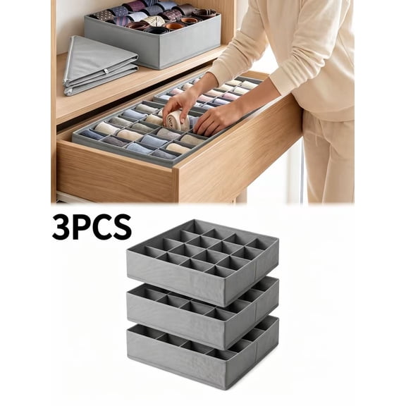 Gaoxin 3-Pack 24-Cell Fabric Drawer Organizer for Socks, Ties, Belts, Underpants, Grey, 11.81x11.81x3.5in