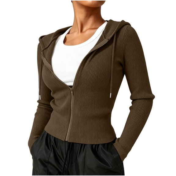 Women's Ribbed Knit Zip Up Cropped Hooded Sweatshirt,Women’s Lightweight Sweaters Jacket with Long Sleeve, Women's ,Size S-2XL