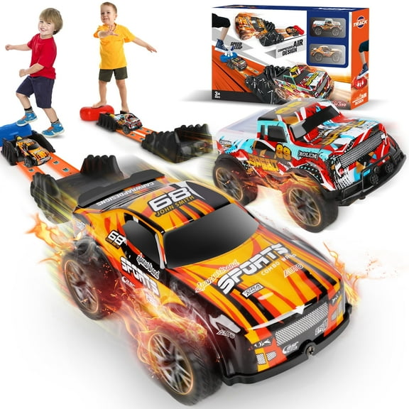 Hot Bee Stomp Race Car Launcher Set for Kids, 2 Cars & Dual Tracks, Foot Pump Powered Racing Toy for Boys and Girls, Outdoor Backyard Game Gift