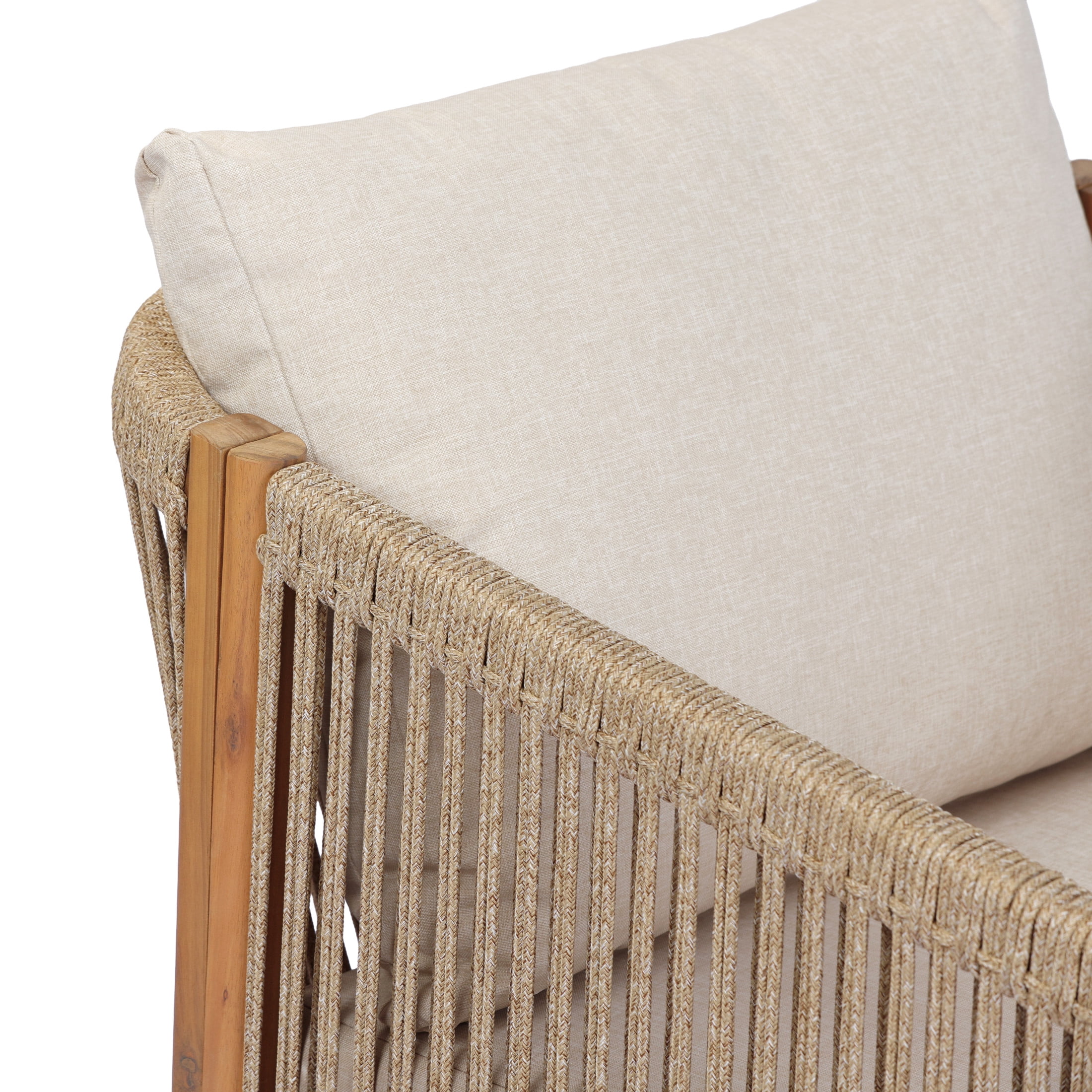 Christopher Knight Home Outdoor Acacia Wood Club Chair with Rope Back, Thick Beige Cushion, Light Teak, Set of 2