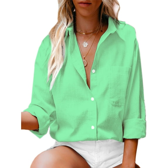 Cindysus Women Shirts Button Down Tops Long Sleeve Blouse Holiday Tunic Shirt Loose Light Green L
