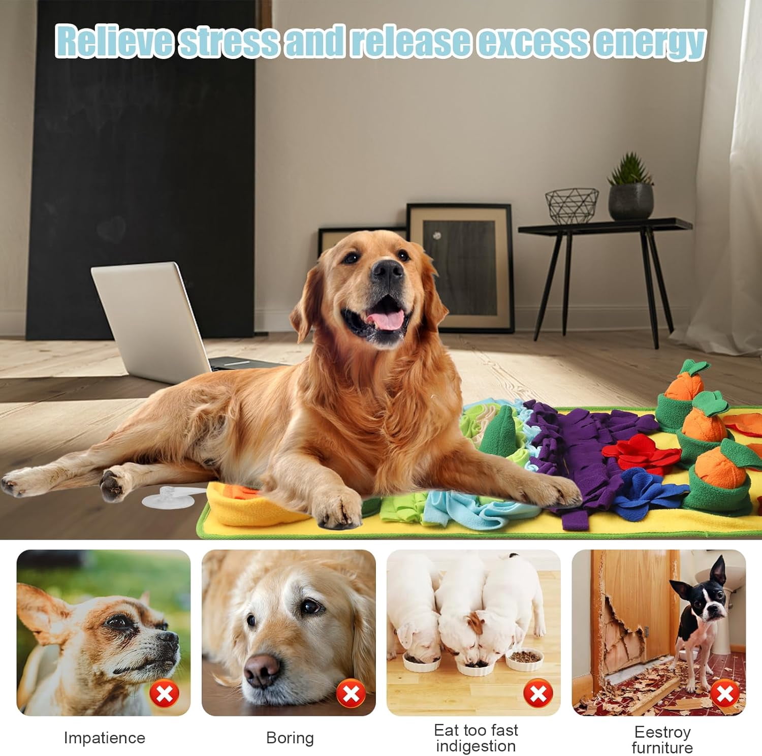 Snuffle Mat for Dogs Large Breed - 32'' X 20'' Washable Durable Sniff Mat for Slow Feeding Training, Enrichment Puzzle Toy for Mental Stimulation & Stress Relief Blue-Yellow