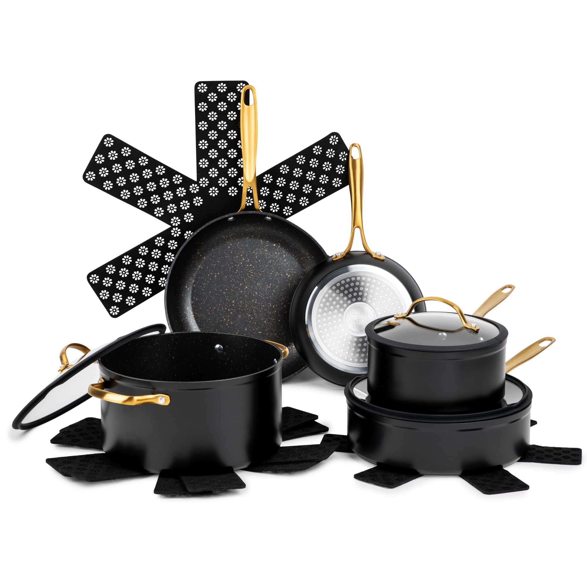 Thyme & Table 12-Piece Ceramic Non-Stick Cookware Set Signature Collection, Non-Toxic Pots and Pan Set Black & Gold
