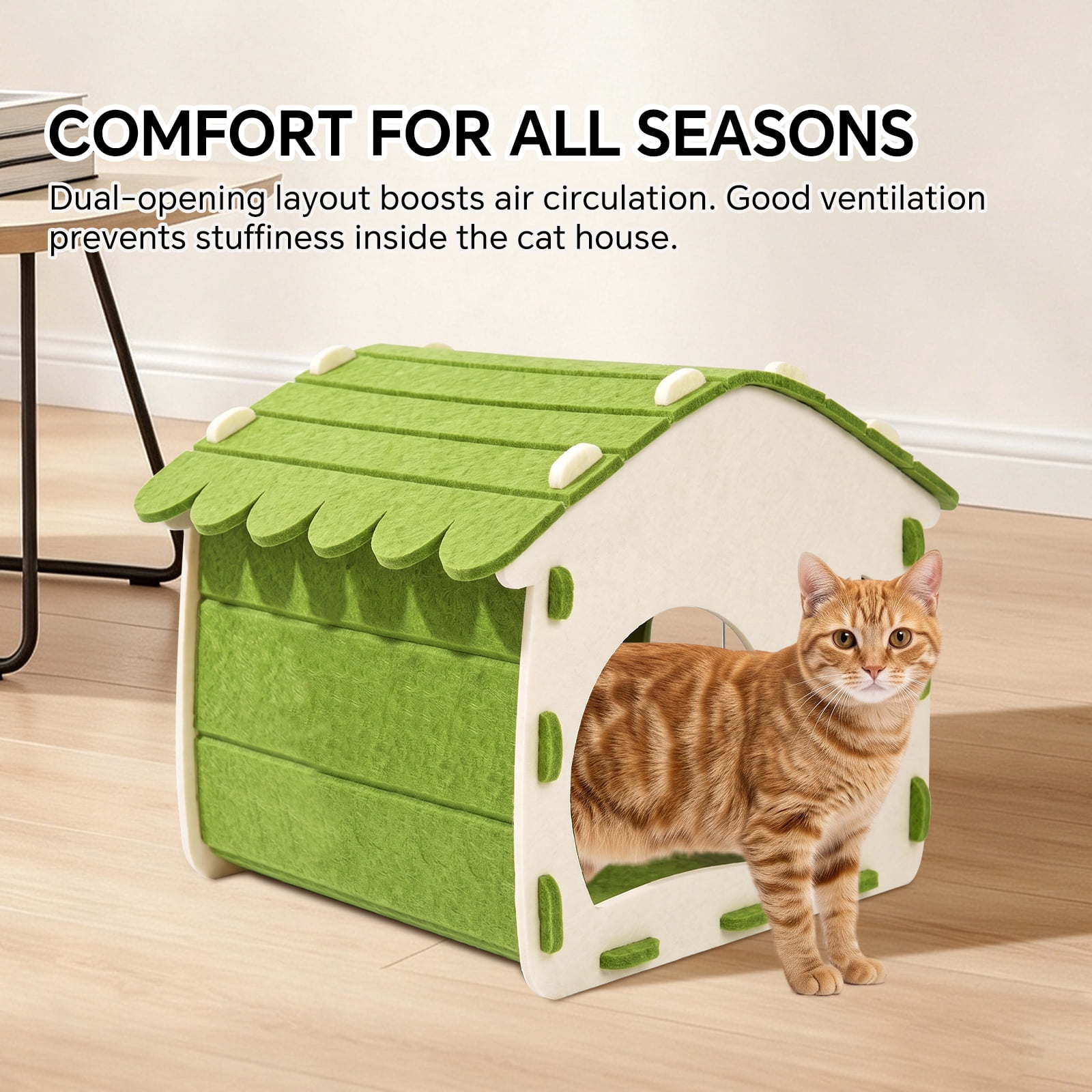 Felt Cat House for Indoor Cats, Cozy Cat Cave Hideaway Bed, Soft Durable Felt Cat Enclosure, All‑Season Cat Shelter for Resting, Napping and Hiding, Green 38*42*37cm