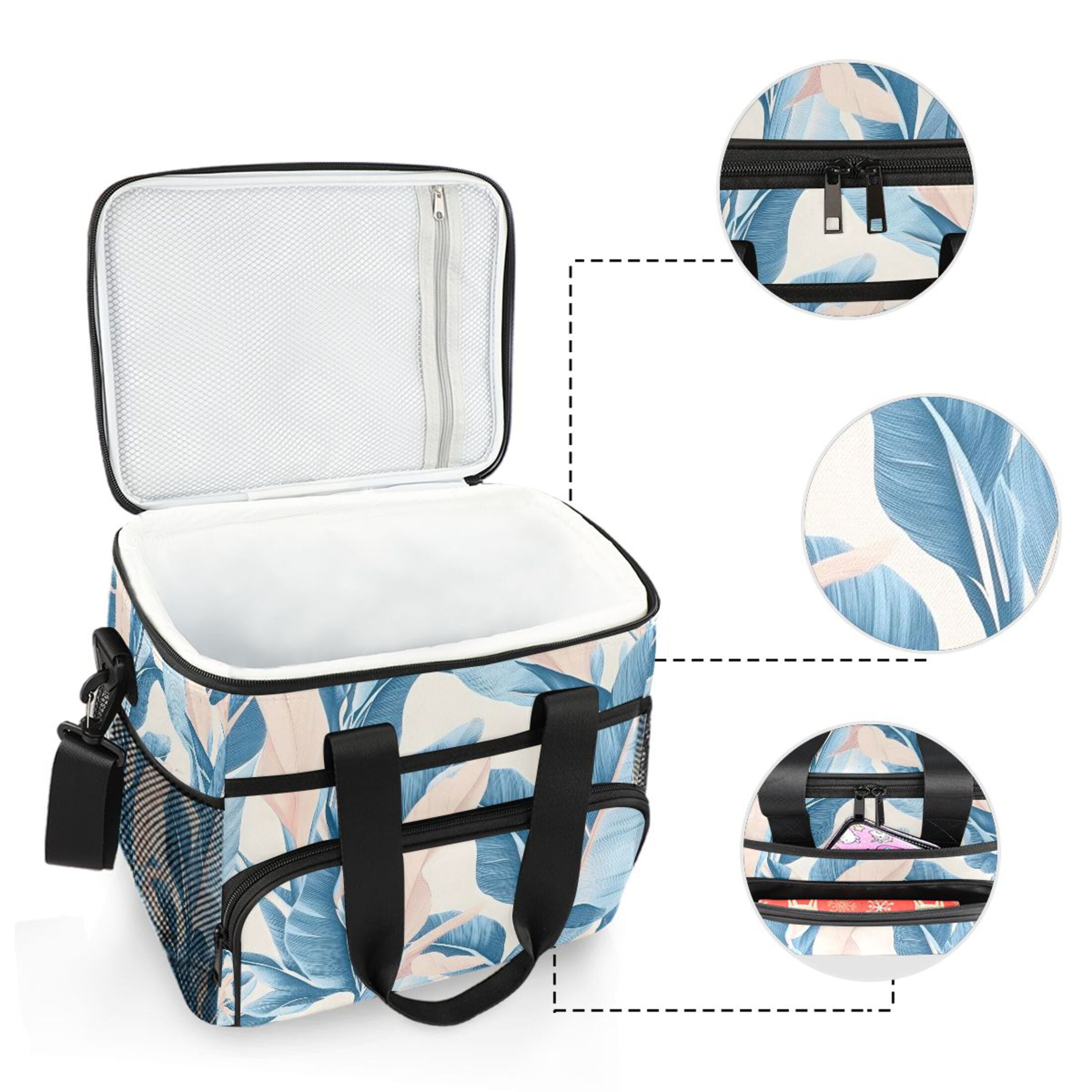 Soft Light Blue Palm Leaf Insulated Lunch Bag 15L Cooler Box for Women Men Work Camping Beach Travel