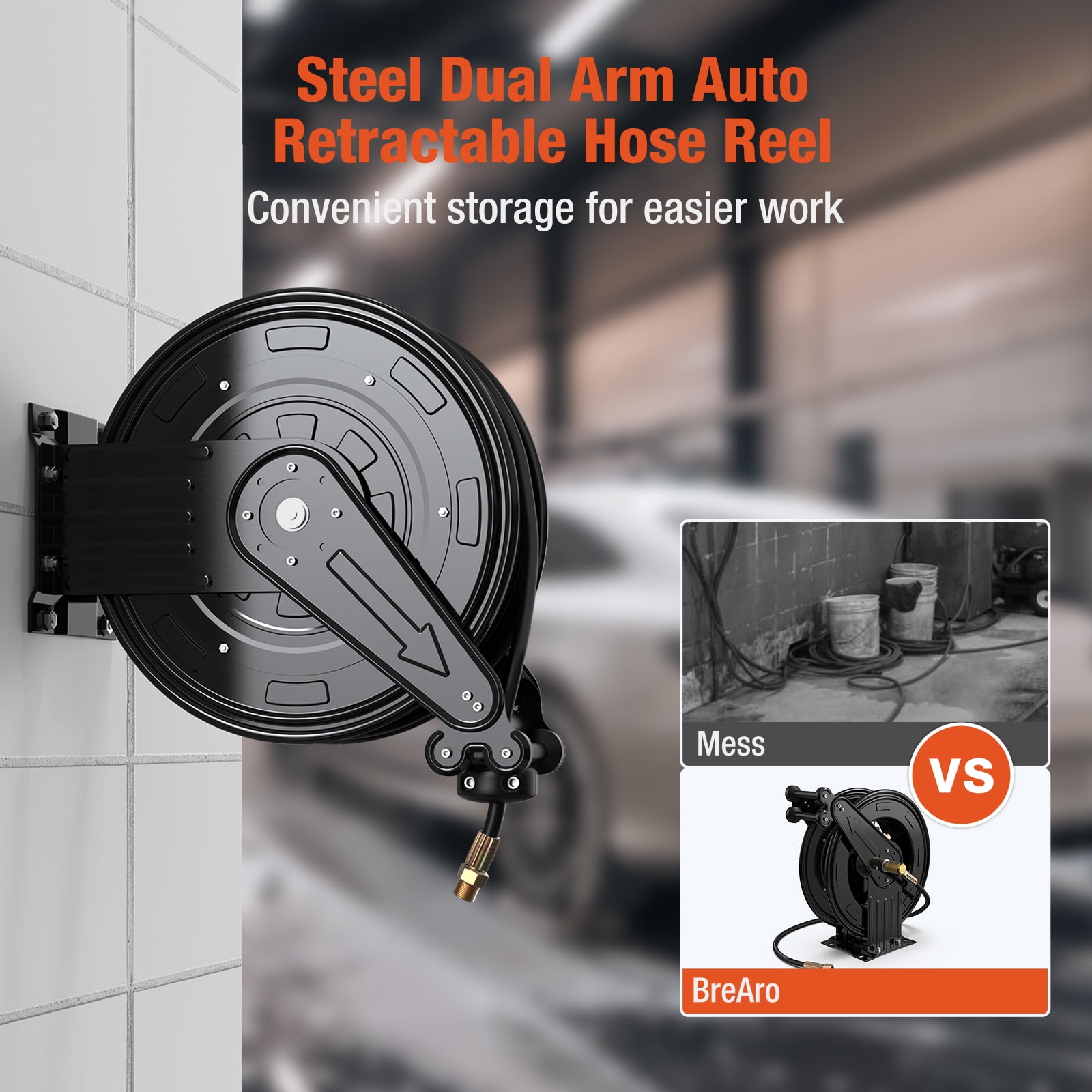 Xutumm Pressure Washer Reel, 3/8" x 50 FT Retractable Power Washer Hose Reel with 5 ft Lead, Dual Arm Heavy Duty Steel, for Air/Oil/Water