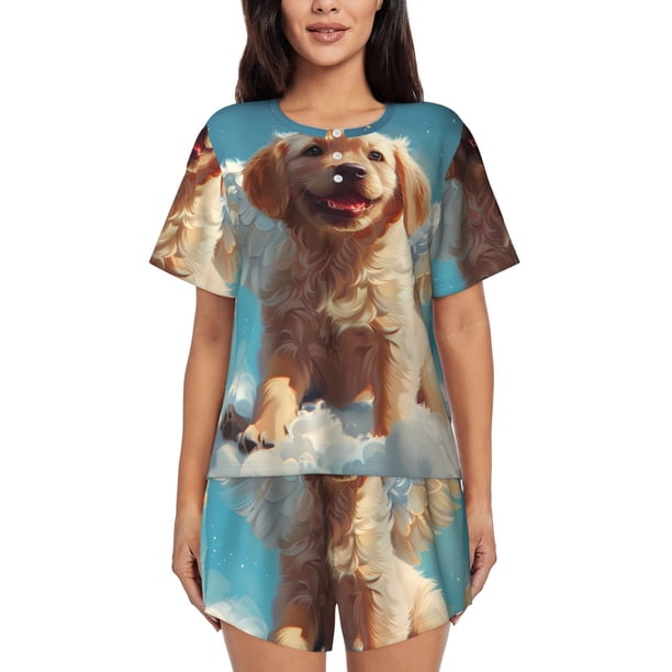 Fotbe Cute Angel Winged Dog Conjunto de Pijama Estampado para Mujer, 2 Piezas, Ropa de Dormir con Camiseta de Manga Corta y Shorts Suaves-Medium