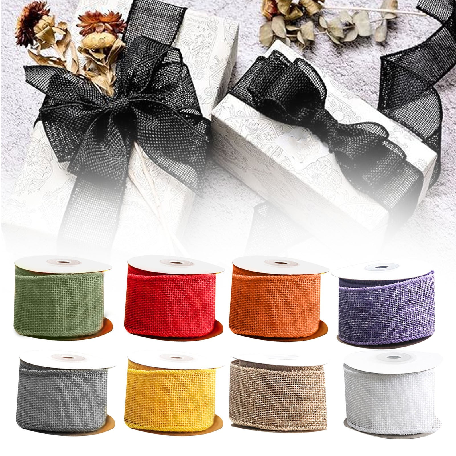 Natural Jute Burlap Ribbon with Wire Edging-4cm Width x 4.5m Length for Christmas DIY Crafts and Holiday Decor, Rustic Multicolored Gift Wrapping, Rustic Ribbon with Iron Wire, 2Pcs(Grey,177x1.5")