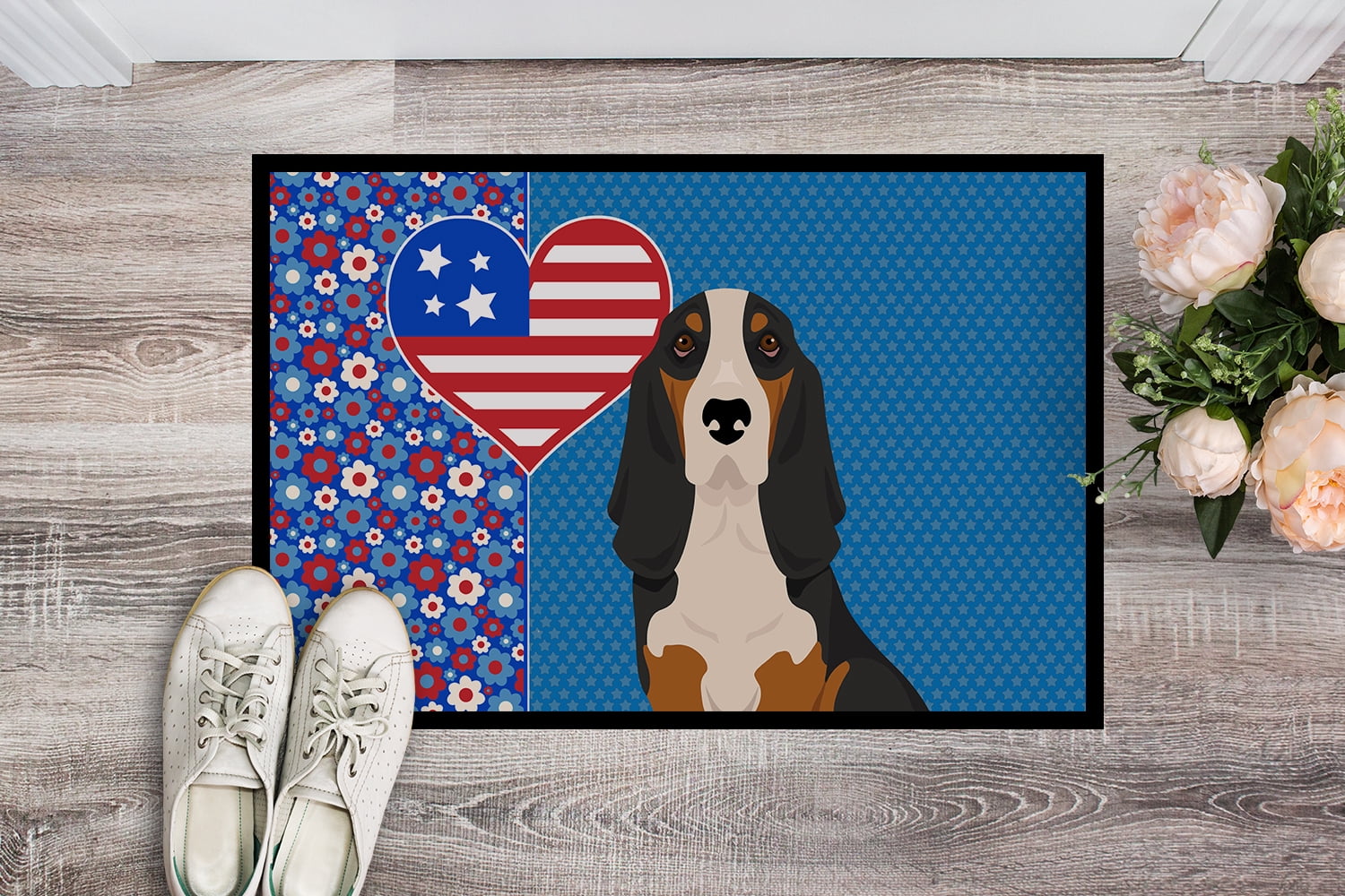 Black Tricolor Basset Hound Indoor or Outdoor Mat 24x36 36 in x 24 in