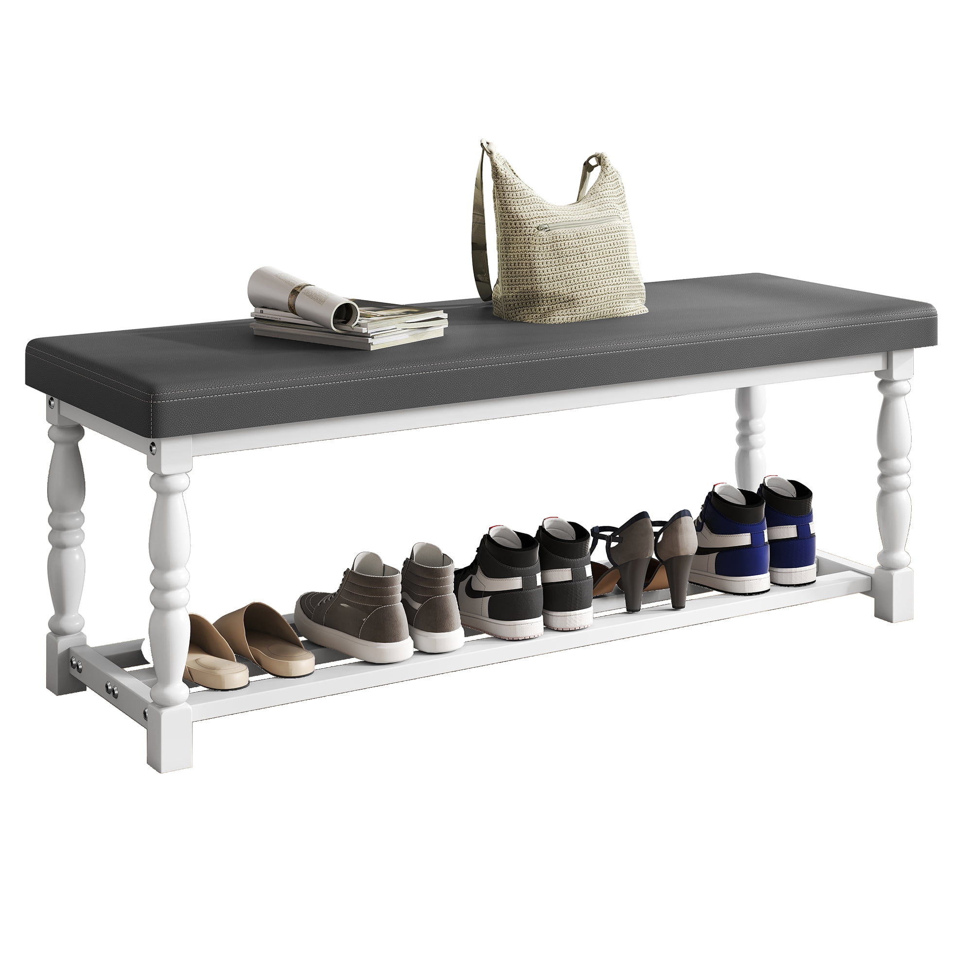 Uforic 48" Rectangular Shoe Bench with Shelves, Storage & Cushioned  Seat,Shoe Rack with Roman Style Legs - White & Gray