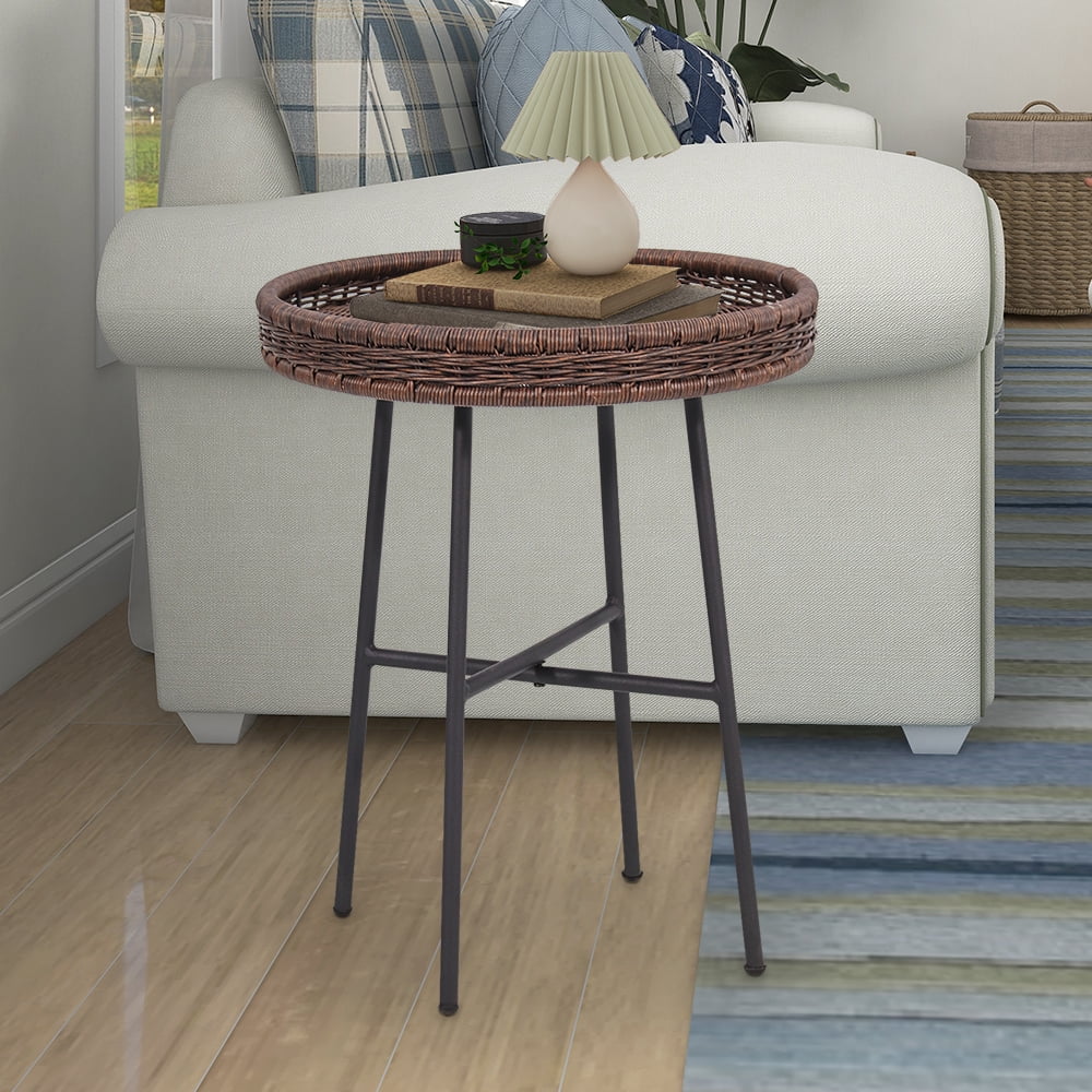 ABBLE Dark Brown Wicker Round End Table with Matte Black Metal Legs for Both Outdoor & Indoor Use