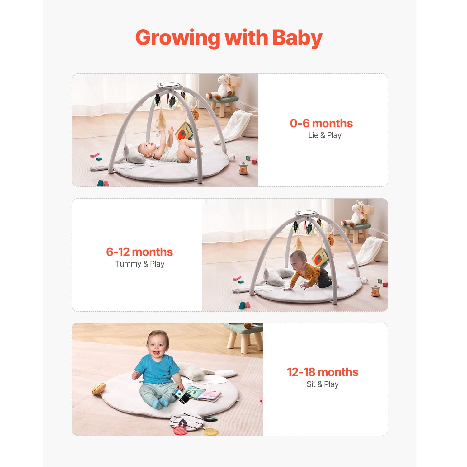KFFKFF Infant Play Mat,Belly Time Mat with 5 Interactive Toys,Infant Activity Mat with Illuminated Melodic Duck Toy for Ages 0-18 Months,Essential Infant Present