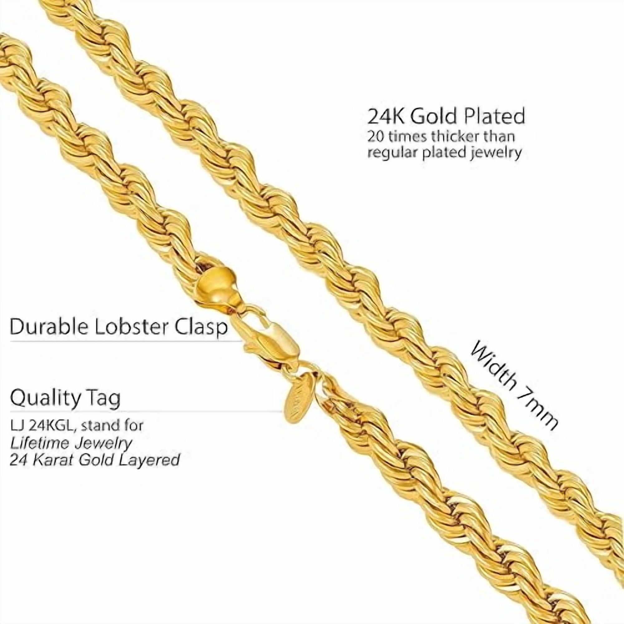 LIFETIME JEWELRY 7mm Rope Chain Necklace 24k Real Gold Plated-Women and Men (22 inches)