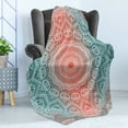 thumbnail image 4 of Coral and Teal Soft Flannel Fleece Blanket, Modern Tribal Mandala Tibetan Healing Motif with Floral Geometric Ombre Art, Cozy Plush for Indoor and Outdoor Use, 50" x 70", Coral Teal, by Ambesonne, 4 of 5