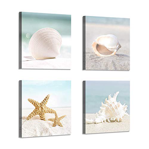 Starfish Seashells Canvas Wall Art: Sandy Beach Seaside Graphic Artwork for Bathroom (12"W x 12"H x 4 PCS,Multi-Sized)