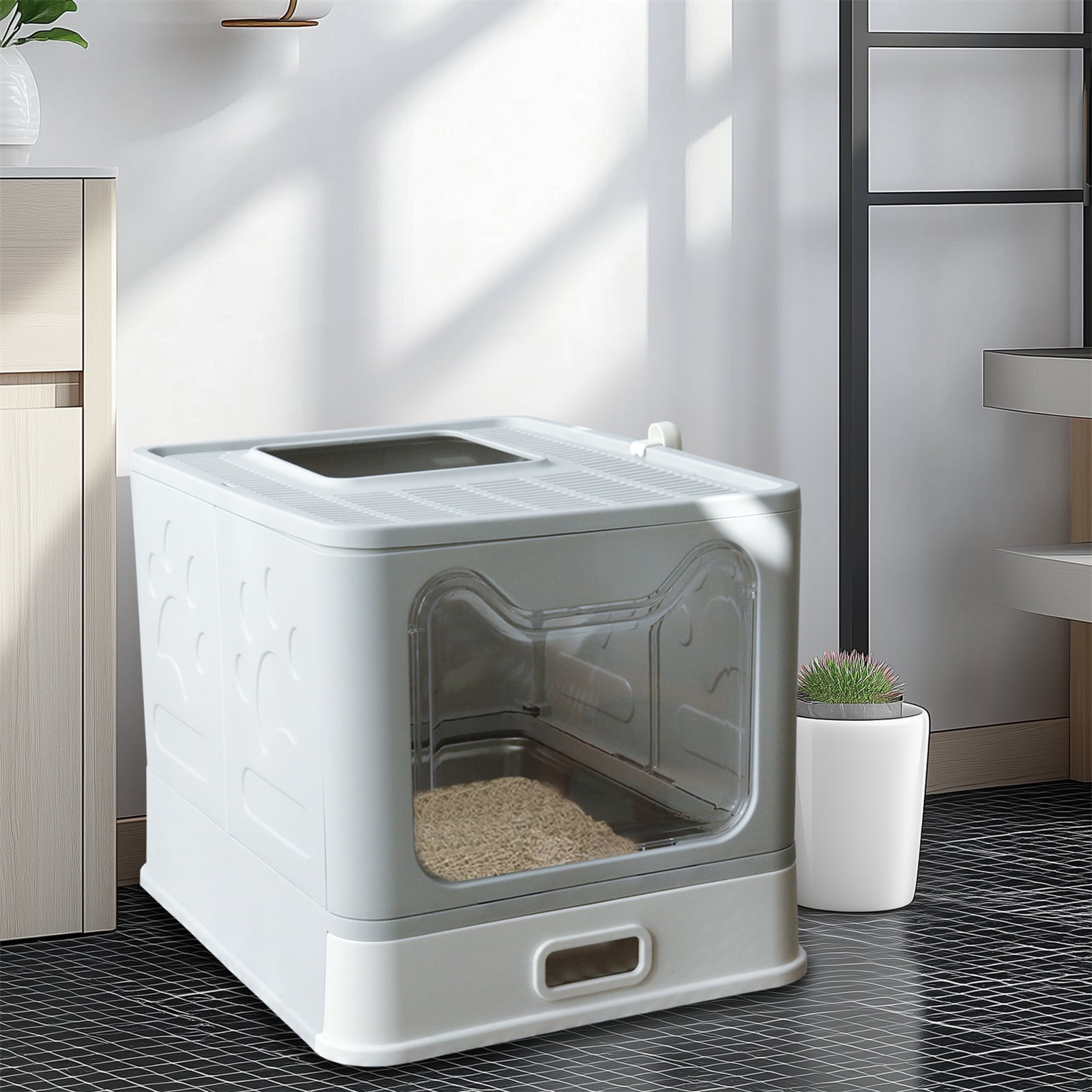 BingoPaw Stainless Steel Tray Cat Litter Box Front Entry Top Exit Kitty Toilet Box with Litter Scoop