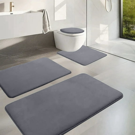 4-Piece Soft Foam Bath Mat Set - Non-Slip Absorbent Bathroom Rugs, Machine Washable, Gray/Khaki/Dark Blue/Green/Pink/Red, 16X24In & 16X20In & 15X17In