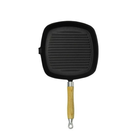 2019 New Square Grill Pan Non-sticky Cast Iron Wooden Handle Kitchen Fry Cooking BBQ Frying