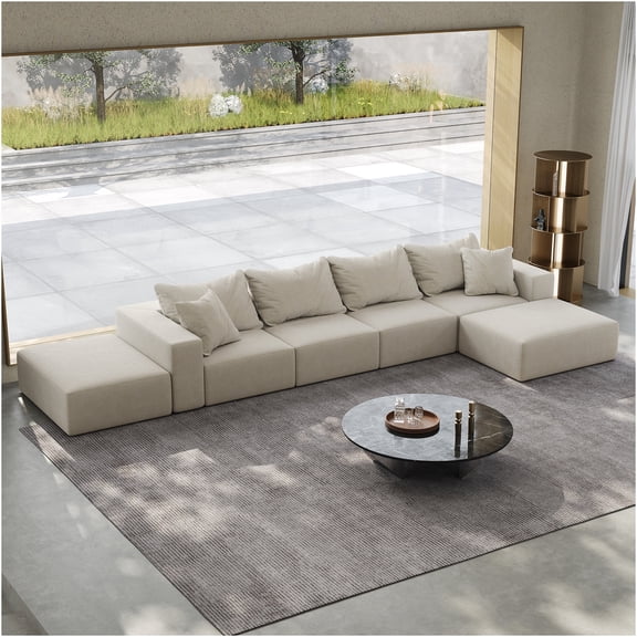 JERFIT Modular Chenille Sectional Sofa, 162" Oversized L-Shaped Cloud Couch with 6 Pillows, Beige Upholstered Living Room Furniture