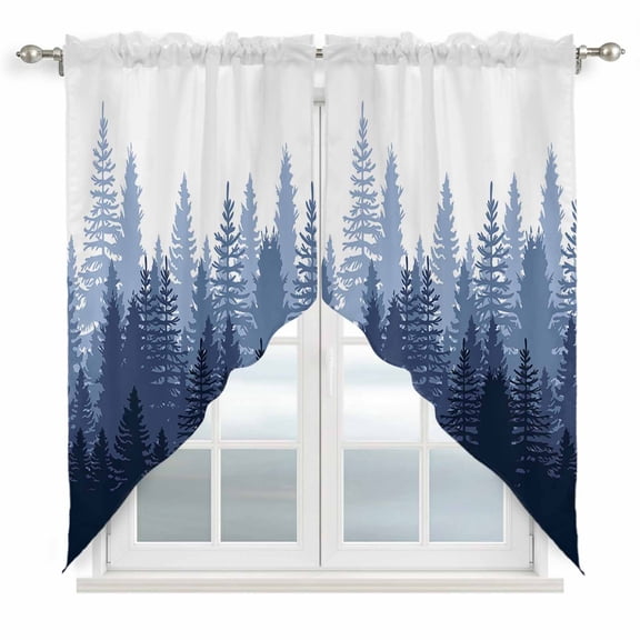 Navy Blue Ombre Kitchen Window Curtains, Swag Curtains Valance for Bedroom Living Room Bathroom, Primeval Forest Modern Abstract Art Aesthetics Rod Pocket Window Curtain Block Drapes 2 Panels 36"x45"