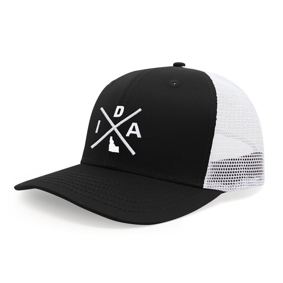 International Tie Hat for Men and Women, Adjustable Snapback Trucker Baseball Cap, Embroidered Cross Logo (IDA - Idaho, Black White)