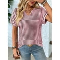 thumbnail image 2 of Womens Dressy Casual Cap Short Sleeve Tops Trendy Summer V Neck Loose Striped T Shirts Blouses Wine Red XL, 2 of 7