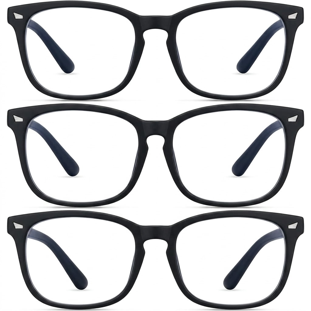 Blue Light Blocking Glasses - 3 Pack Fashion Square Fake Eyeglasses,Anti UV Ray Computer Gaming Glasses,Blue Blockers Glasses for Women/Men,Matte Black+Leopard+Transparent