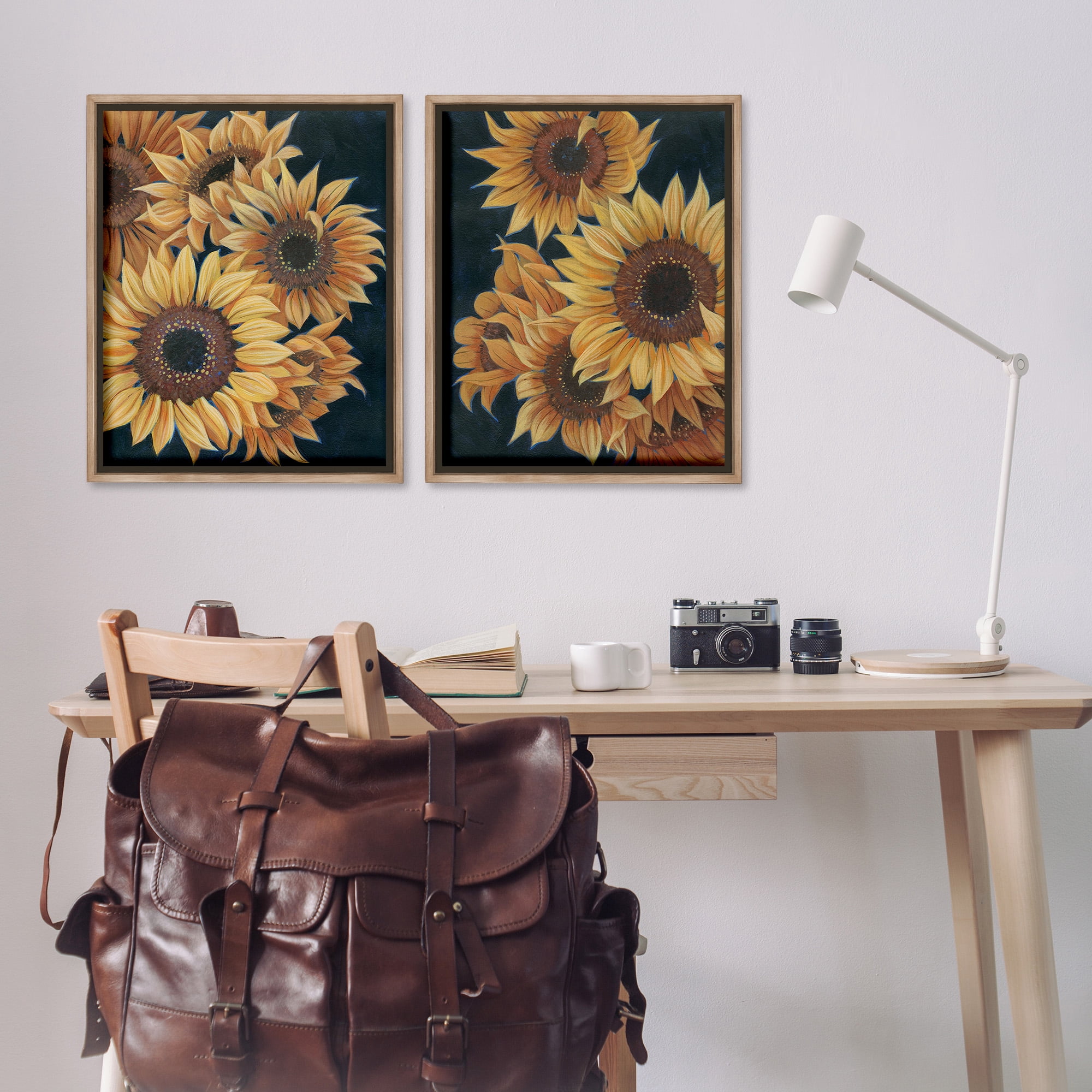 Stupell Industries Sunflowers on Black Botanical & Floral Painting Brown Floater Framed Canvas Art Print Wall Art, 25 x 31, Set of 2