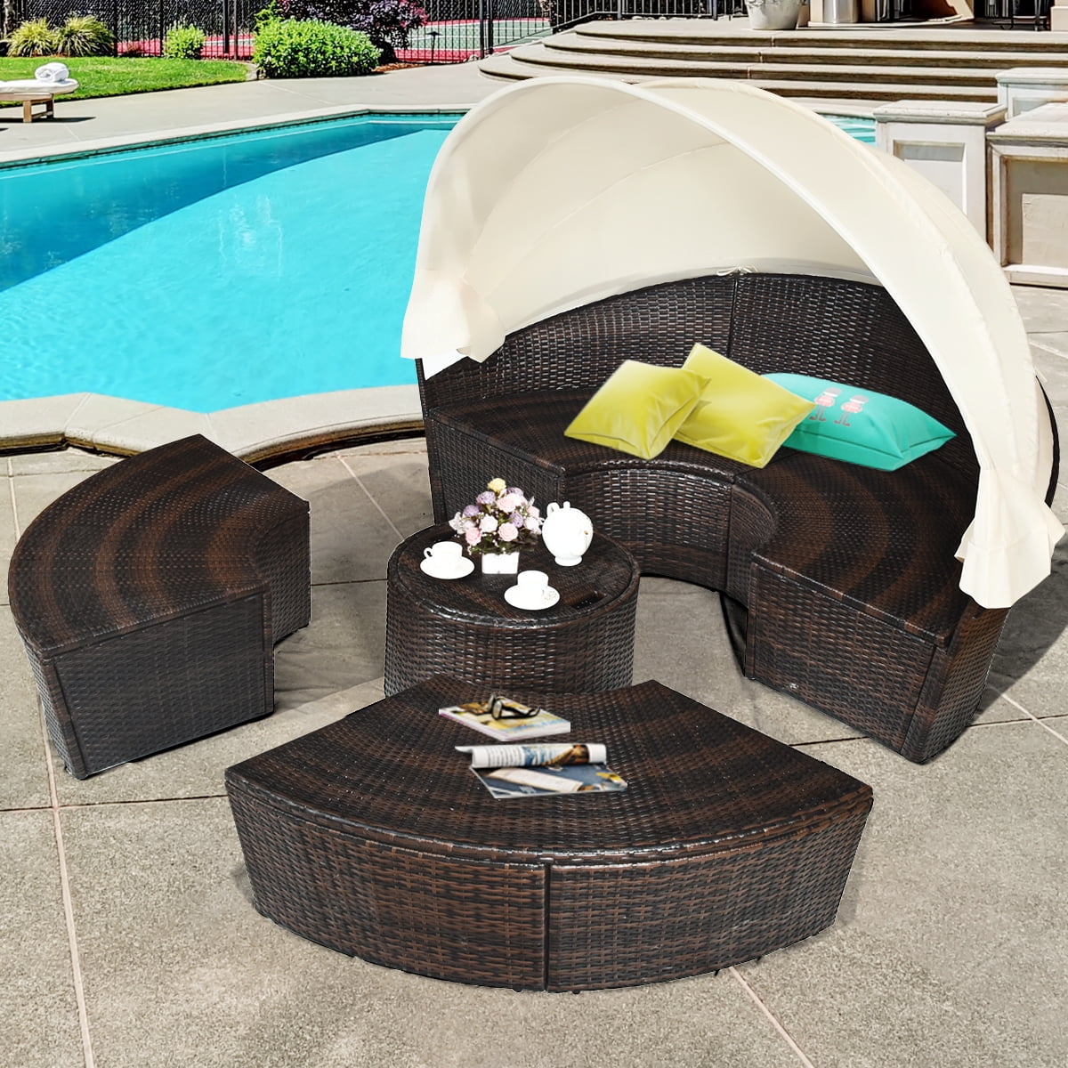 Costway Patio Rattan Daybed Cushioned Sofa Adjustable Table Top Canopy