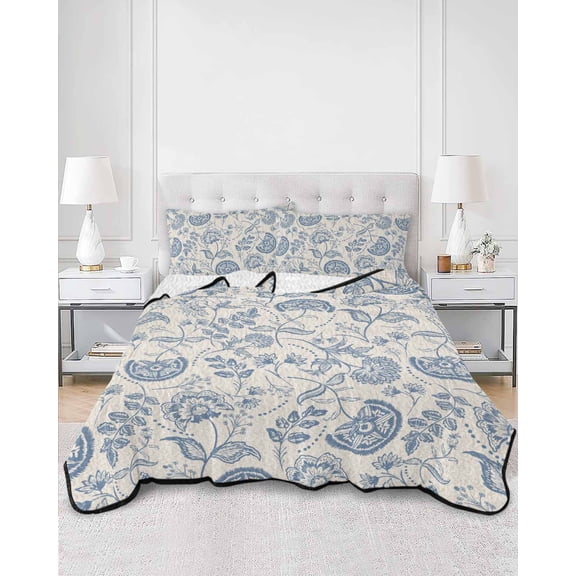 Quilts Twin Size, Blue Paisley Soft Comforter Bedding Set for Bed, Vintage Boho Flower Botanical Leaf Branch Lightweight Quilted Bedspread with Pillow Cover(2 Pieces) for All Season, 68x86 Inch
