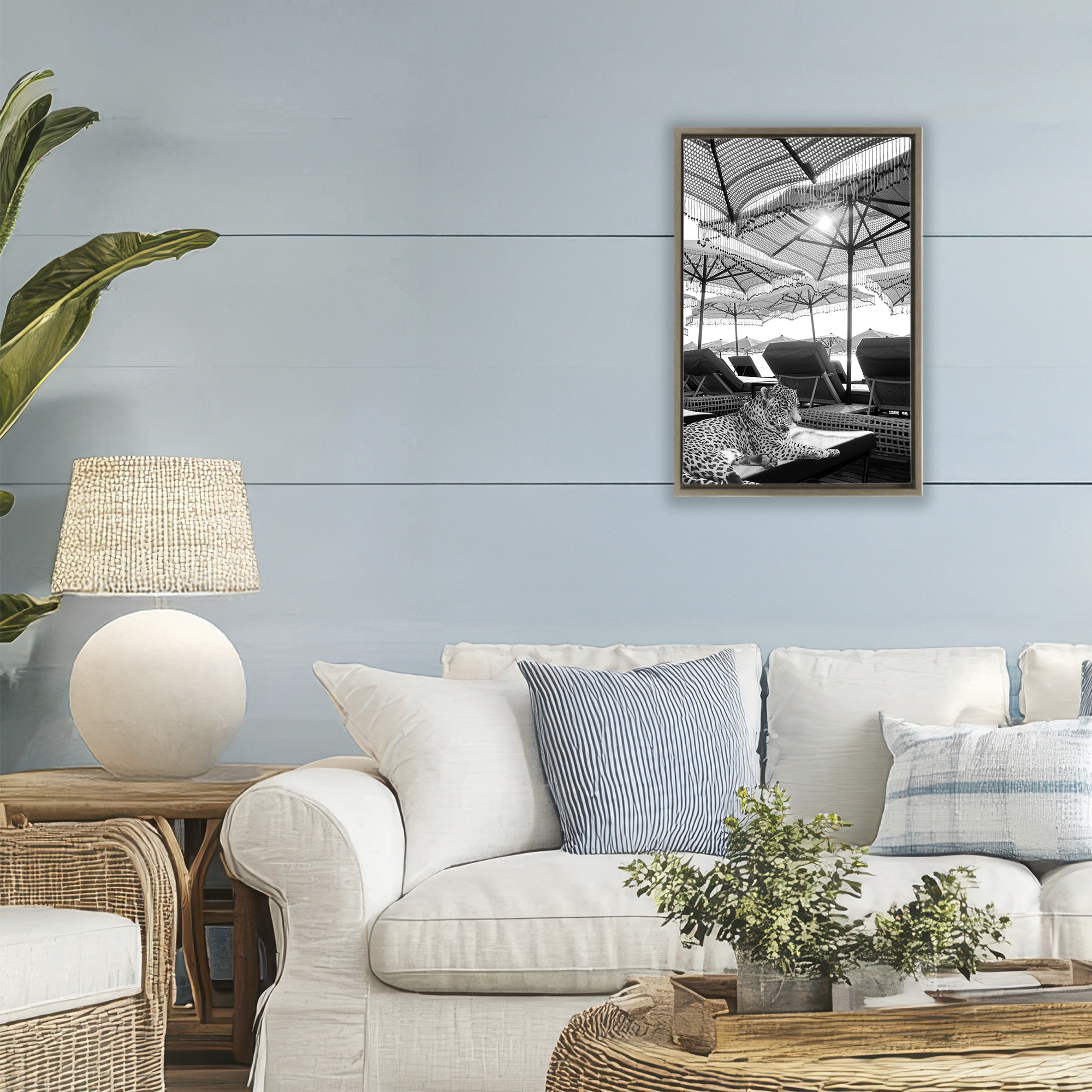 Stupell Industries Leopard On Tropical Vacation Brown Framed Floater Canvas Wall Art, design by Grotto Studios