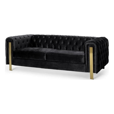 Benjara Nua Sofa- Chesterfield Tufted Black Velvet- 84 Inch- Modern Gold Legs