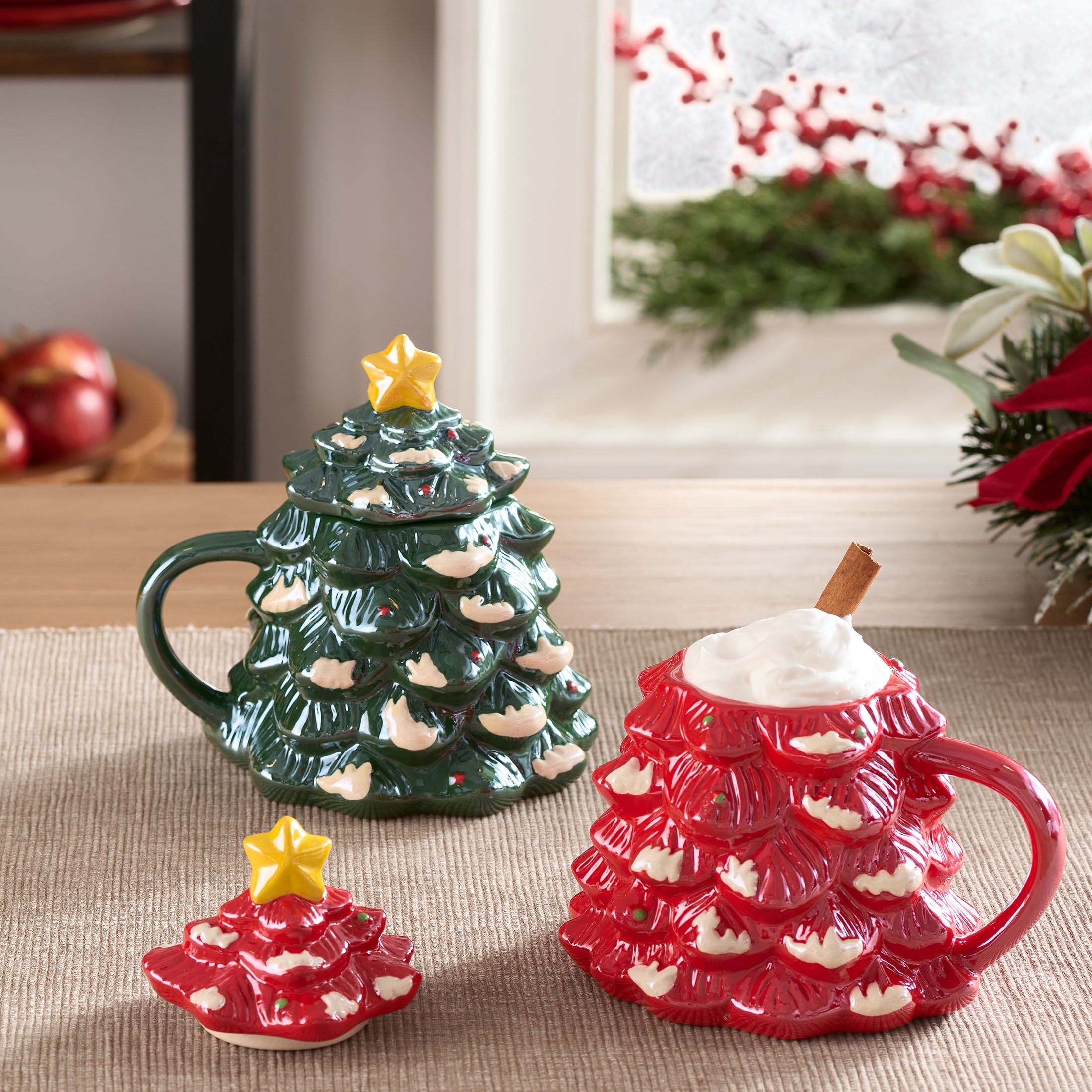 Holiday Time 14-oz Holiday Tree Glazed Stoneware Ceramic Mug with Lid, 2 Pack, Multicolor
