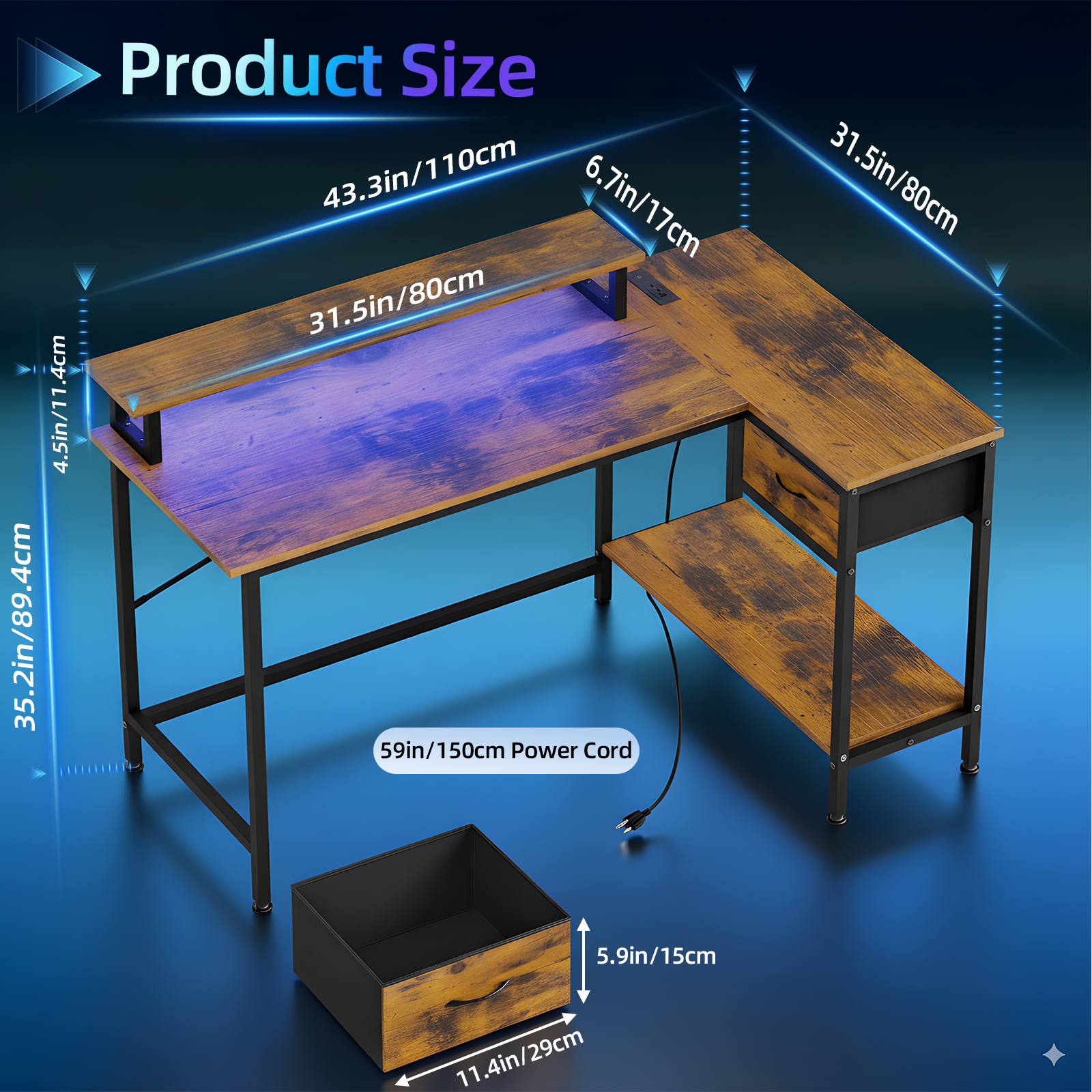 Fairy L Shaped Gaming Desk with Power Outlets and LED Lights, 43 Inch Computer Desk with Charging Port (Rustic Brown)