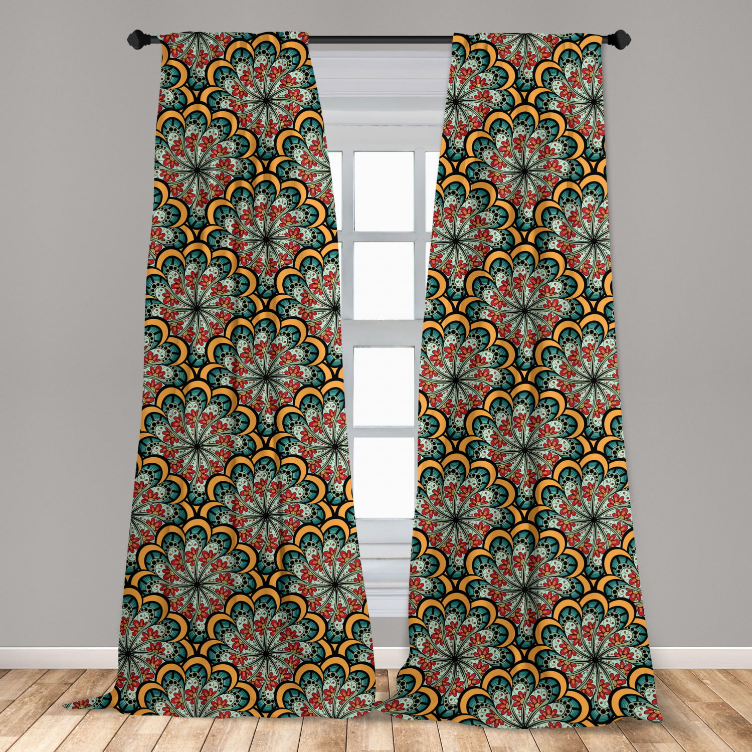 Grommet Window Curtains Colorful Flora Bohemian Mandala Print Paisley Pattern Grommet Top Bedroom and Living Room Curtains Set of 2 Window Curtain Panels,40 x 63 Inch