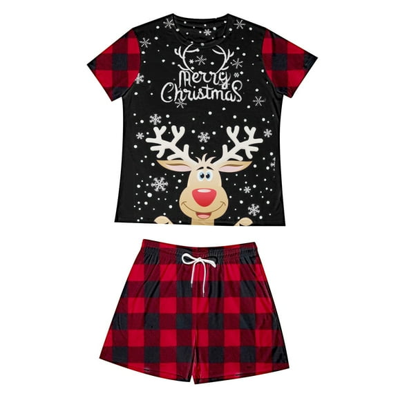 Tfken Christmas Family Matching Pajamas Short Sleeve Crew Neck Cartoon Print T-Shirts Shorts Soft Child Holiday Loungewear Red