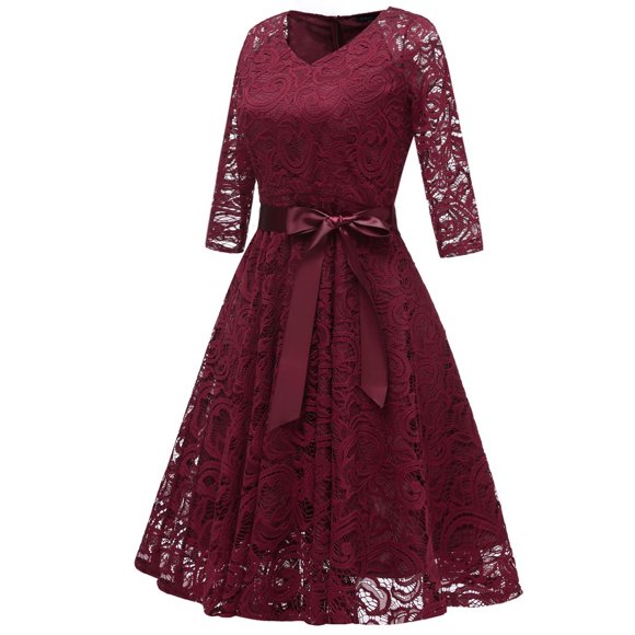TIMIFIS Womens Fall Fashion Women's Long Sleeve Lace Floral Elegant Cocktail Dress Crew Neck Knee Length for Party Dresses For Wedding Guest