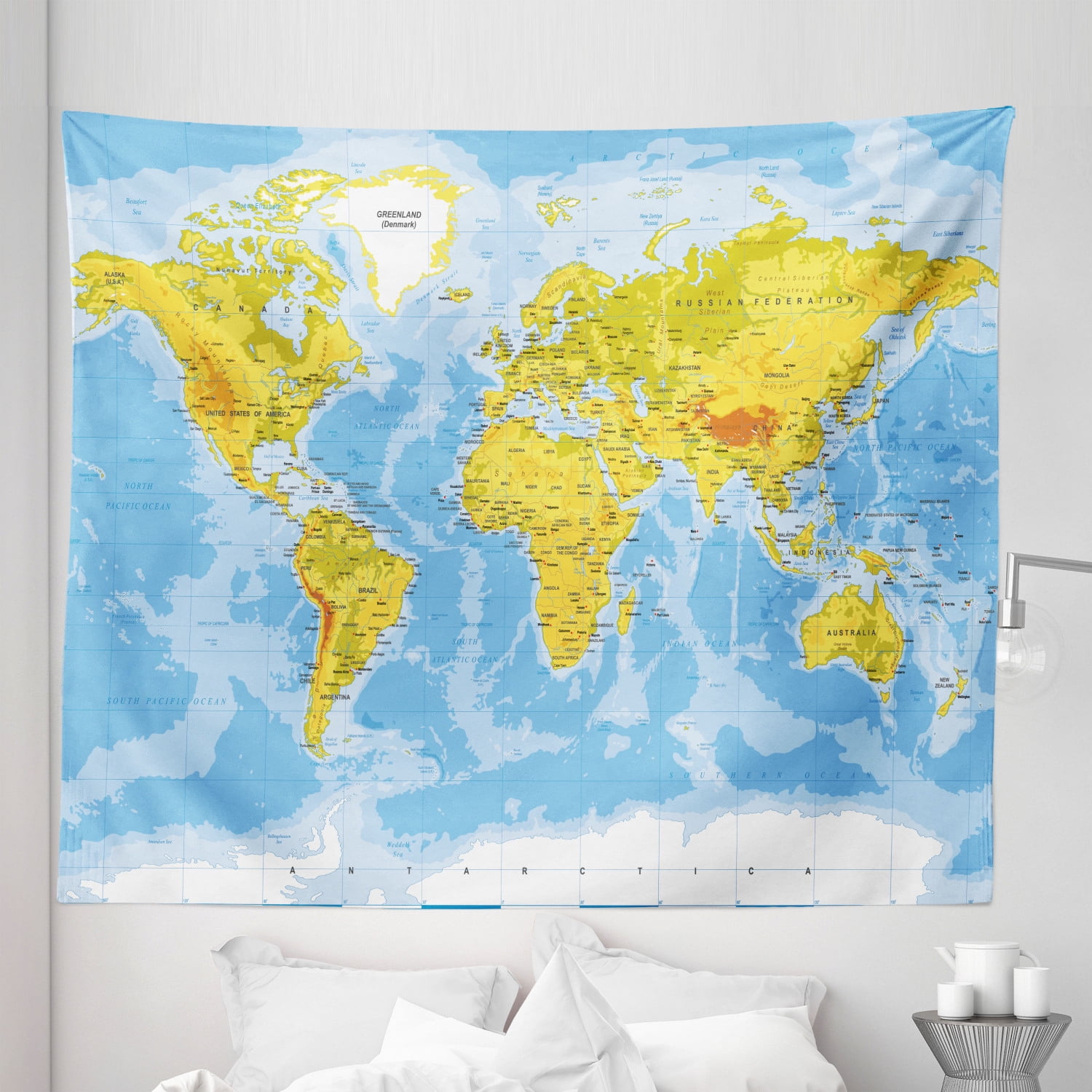 Map Tapestry, Political Topographic Colored World Continents and