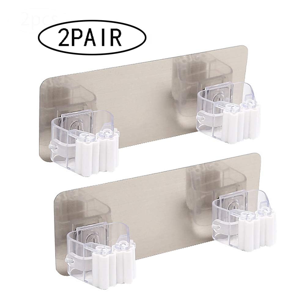 Mop Broom Holder 2 Pair 4 Hooks Self Adhesive Mop Grip Holders Wall Mounted Broom Hanger Tool Organizer Rack for Kitchen Garden and Bathroom
