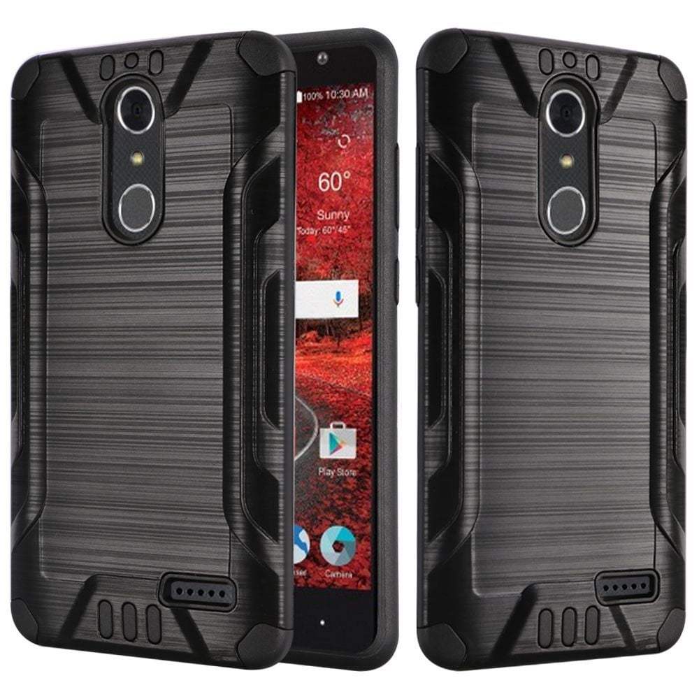 For Cricket ZTE Grand X4 Combat Brushed Metal HYBRID Rubber Case Cover