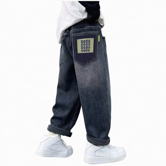 NOLDARES Boys Baggy Jeans for Kids Teen Casual Straight Wide Leg Cargo Jeans Elastic Waist Denim Pants Trousers with Pockets(Blue,13-14 Years)