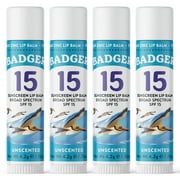 Badger Sunscreen Lip Balm SPF 15, Organic Mineral Sunscreen SPF Lip Balm with Zinc Oxide, Reef Friendly, Broad Spectrum, Water Resistant, Unscented, .15 oz (4 Pack)