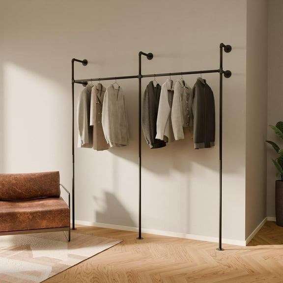 pamo Industrial Pipe Clothing Rack - 440 lbs Capacity - Wall Mounted Clothes Rack and Walk In Closet for Wardrobe