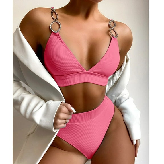 Lilgiuy Women Charming Solid With Chest Pad Without Underwire Bikini Two-shoulder Split Swimsuit Tummy Control Swimwear