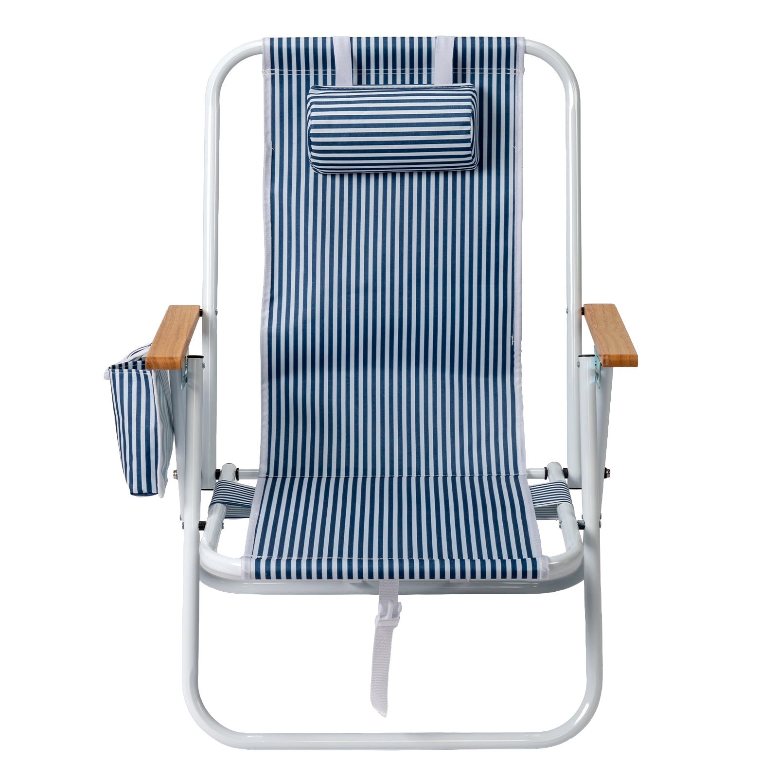 4-Position Adjustable Backpack Beach Chair, Foldable Rustproof Aluminum Frame Lounge Chair with Wooden Armrest, Side Storage Pockets & Detachable Pillow, 24"x22"x37"