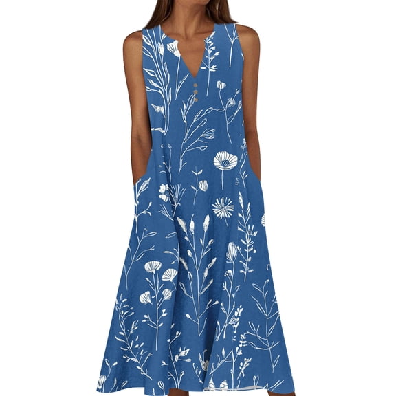 Ruimatai Women's Summer Casual Dress V-Neck Sleeveless Ruffles Belted Loose Fit Maxi Dress for Vacation and Daily Wear