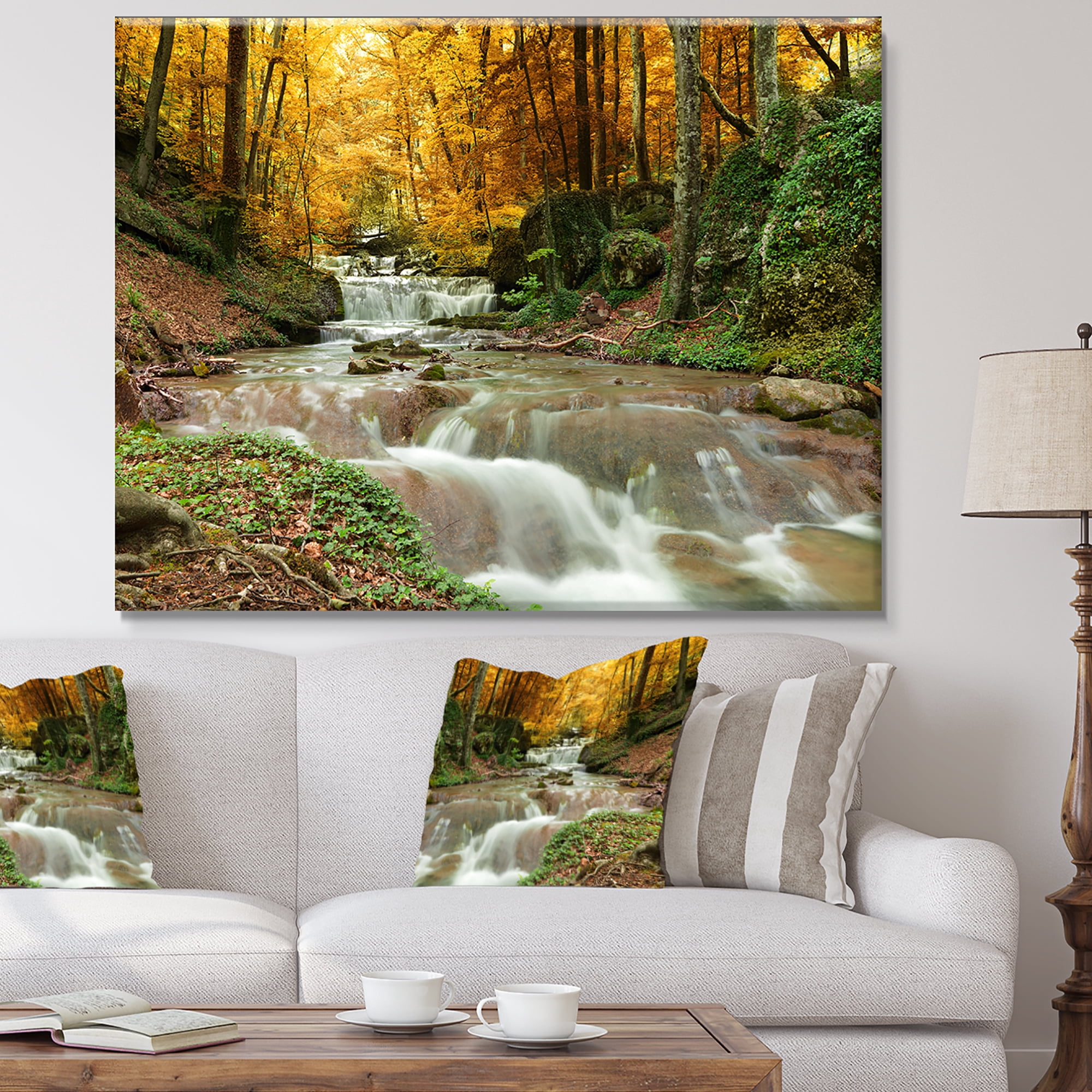Designart 'Forest Waterfall with Yellow Trees ' Large Landscape Canvas Art Print