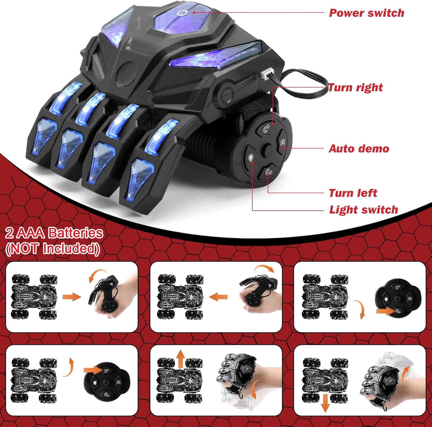Gesture Control RC Stunt Car for Kids, 2.4GHz Hand Controlled Remote Control Car with 360° Rotation, Double-Sided Driving, LED Lights, Rechargeable Off Road Toy for Boys Ages 4 5 6 7 8 9 10 11 12